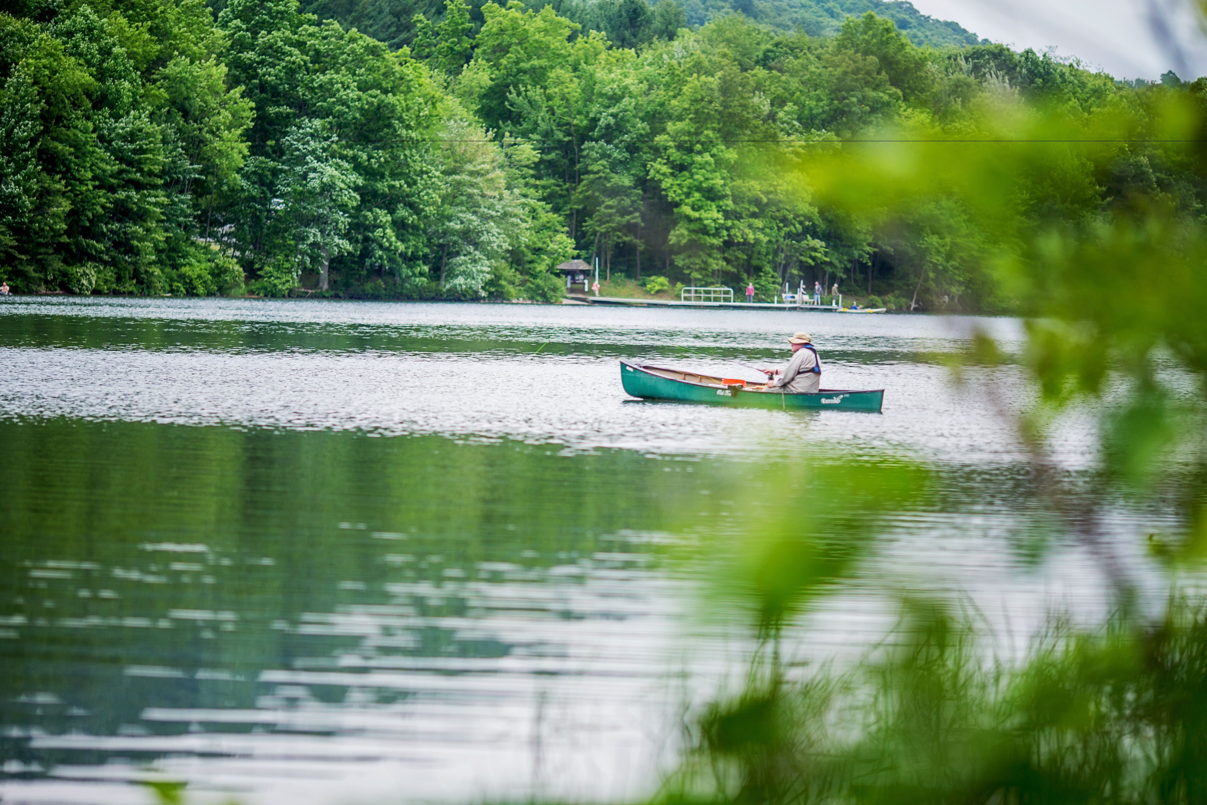 Un lago tranquilo con una sola barca.