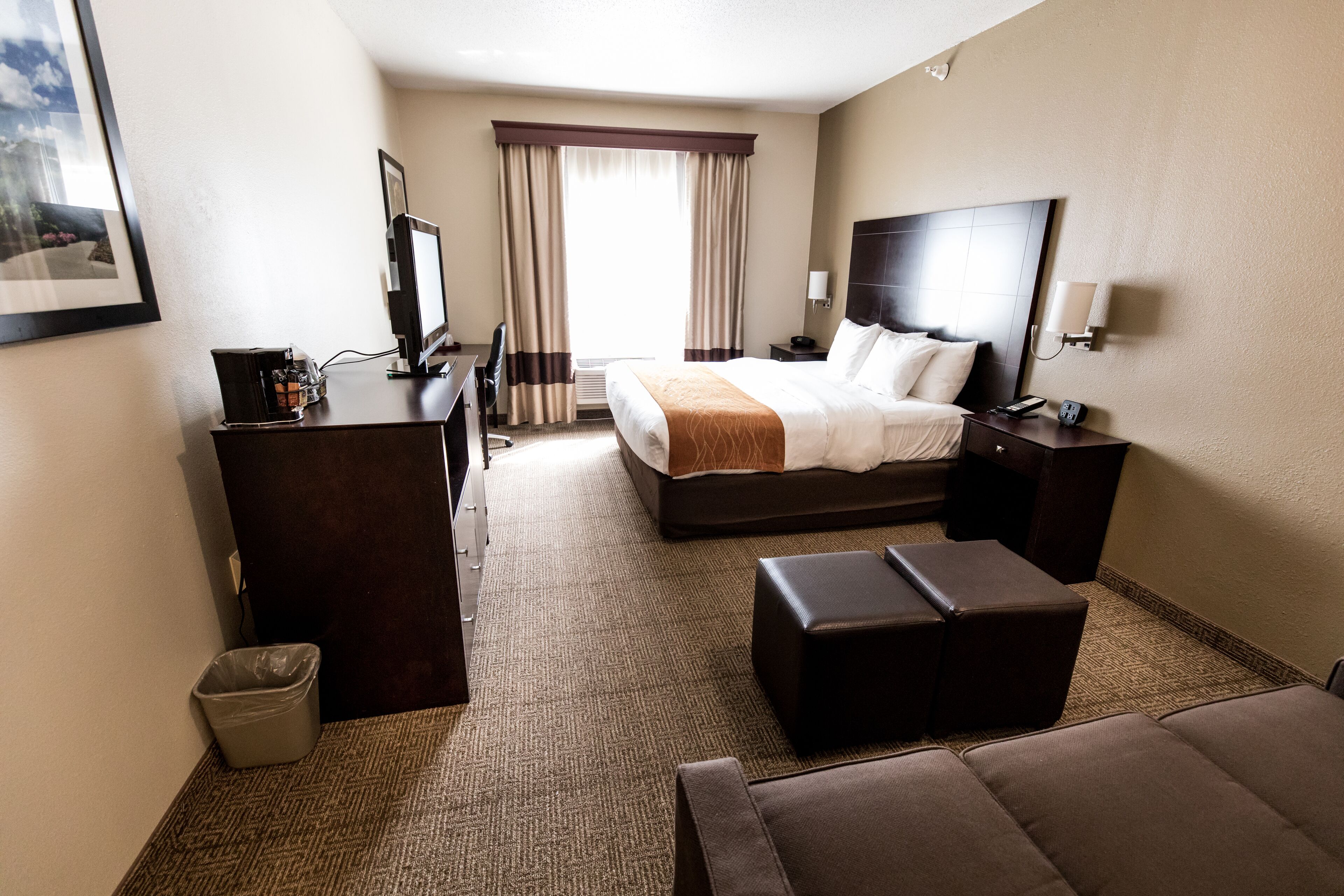 A hotel room with a bed, a desk, a chair, a waste bin, and a sofa.