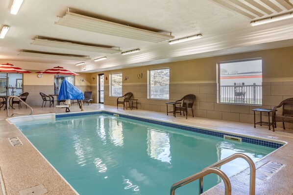 Indoor pool, open 8:00 AM to 10:00 PM, pool loungers