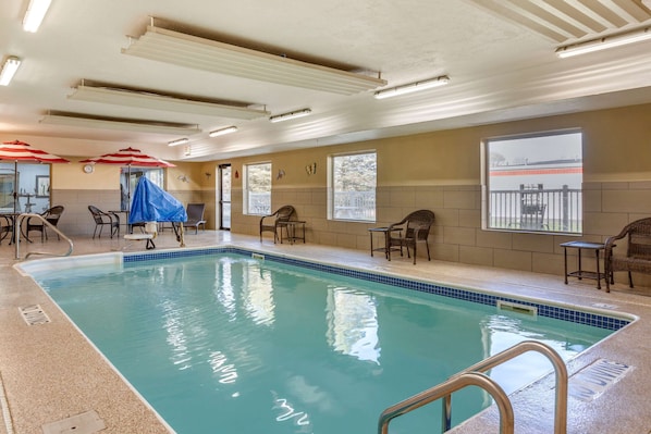 Indoor pool, open 8:00 AM to 10:00 PM, pool loungers