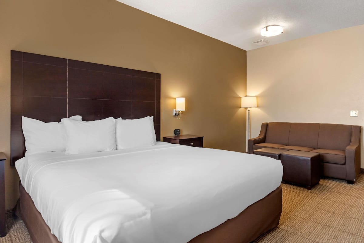 Ein Hotelzimmer mit einem großen Bett, einem Nachttisch, einer Lampe und einem Schlafsofa.