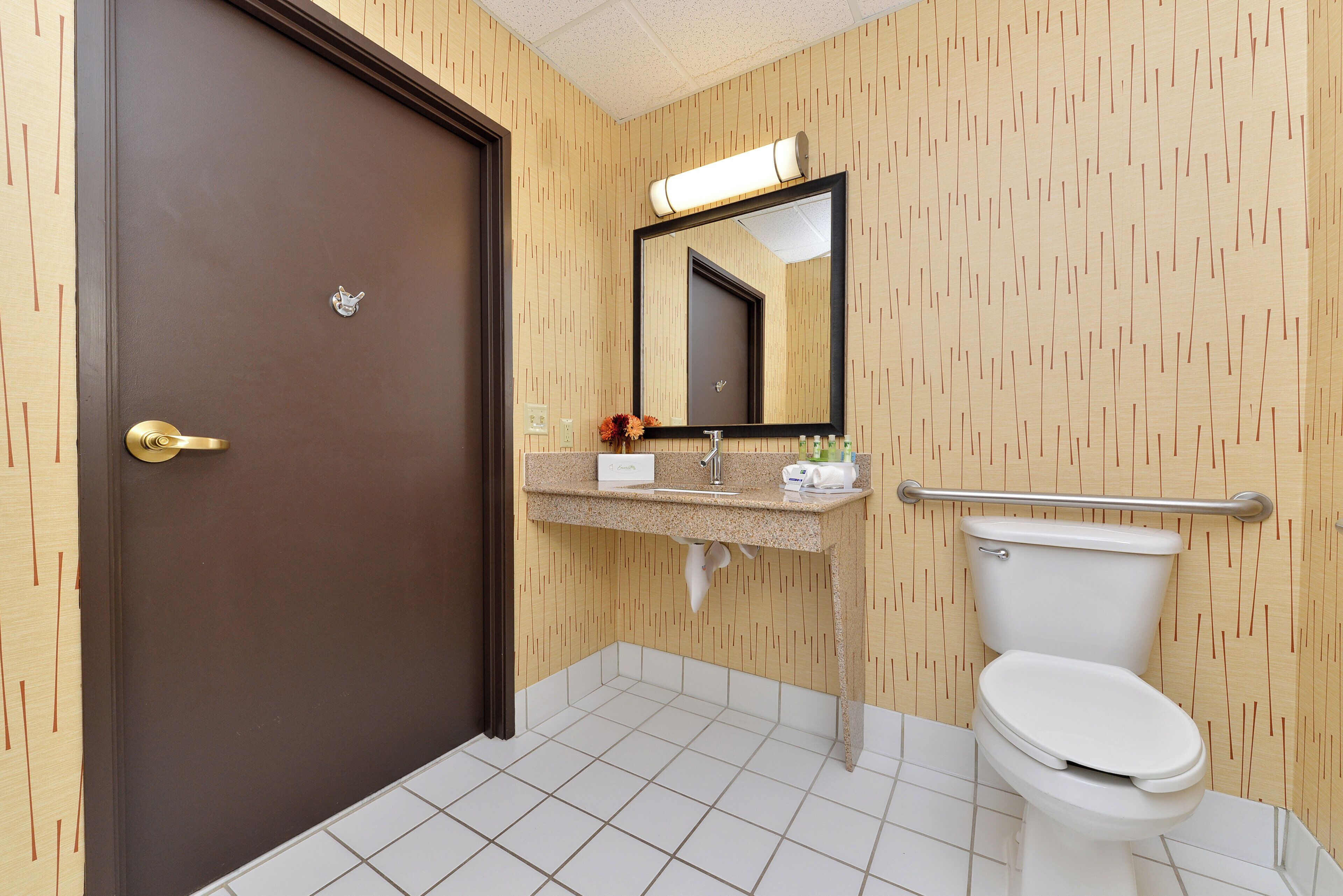 A bathroom with a toilet, sink, mirror, and a door.