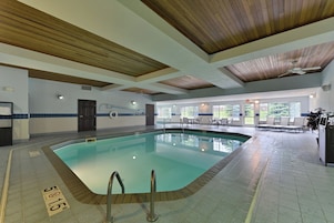Piscina con techo de madera, zona de borde despejada y vistas al exterior a través de amplios ventanales.