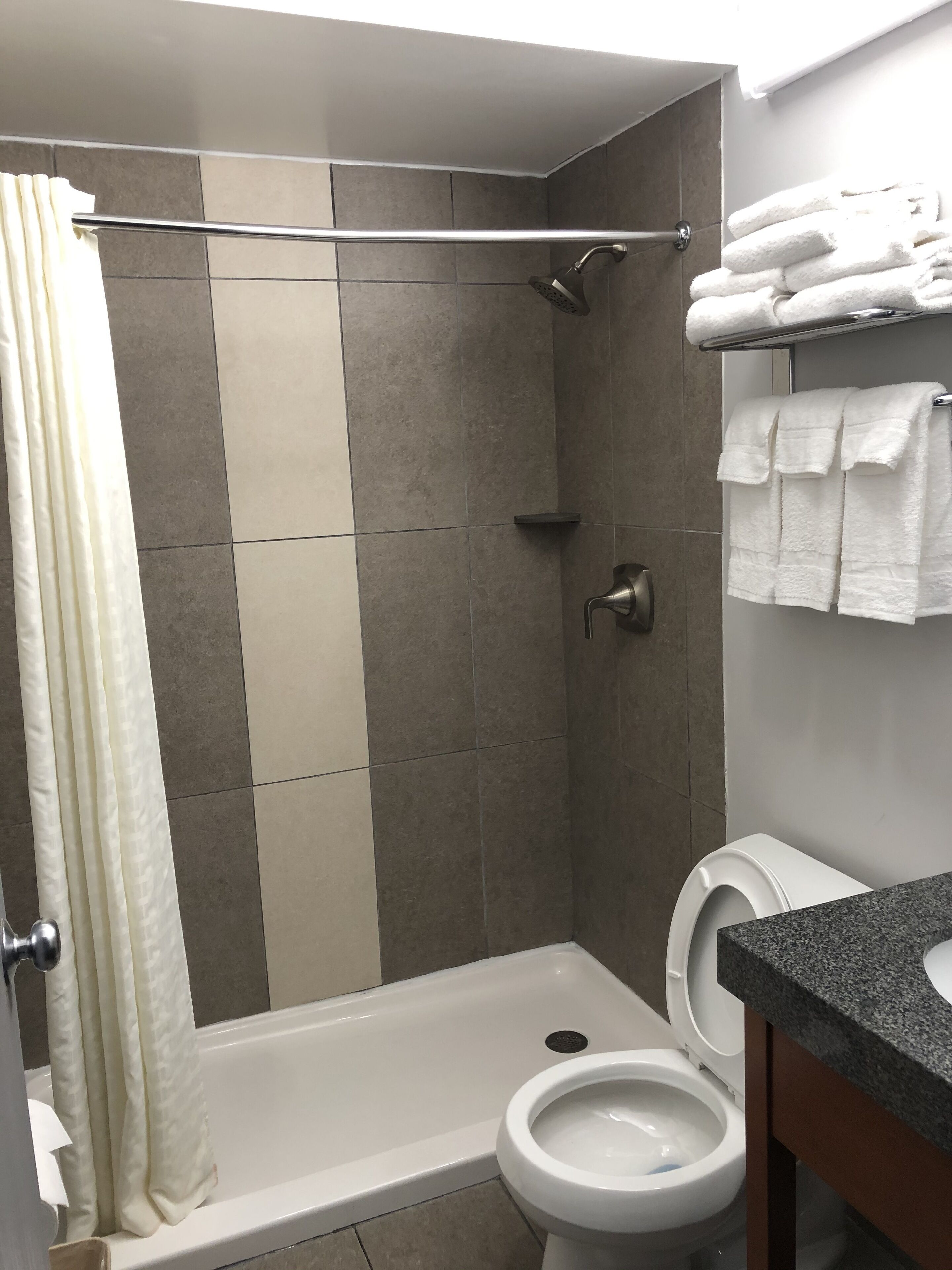 Et moderne badeværelse med bruser, toilet og badekar.