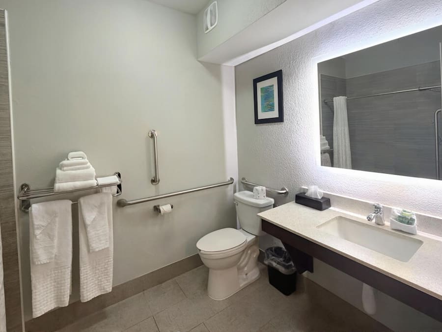 A bathroom with a toilet, sink, and shower area.