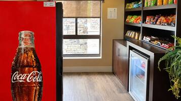 A hotel room with a refrigerator, a window with a view, shelves with snacks, and a plant.