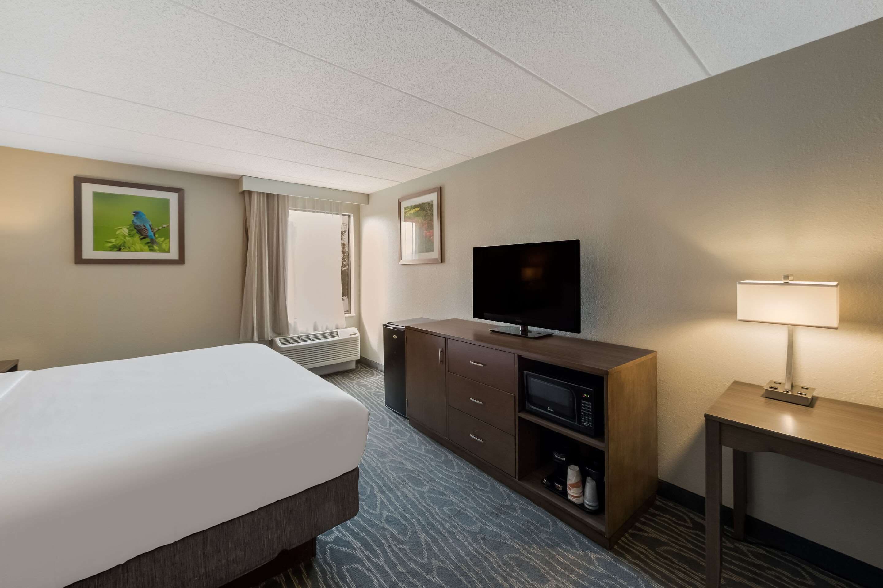Ein Hotelzimmer mit Bett, Fernseher, Schreibtisch mit Lampe und Mikrowelle.