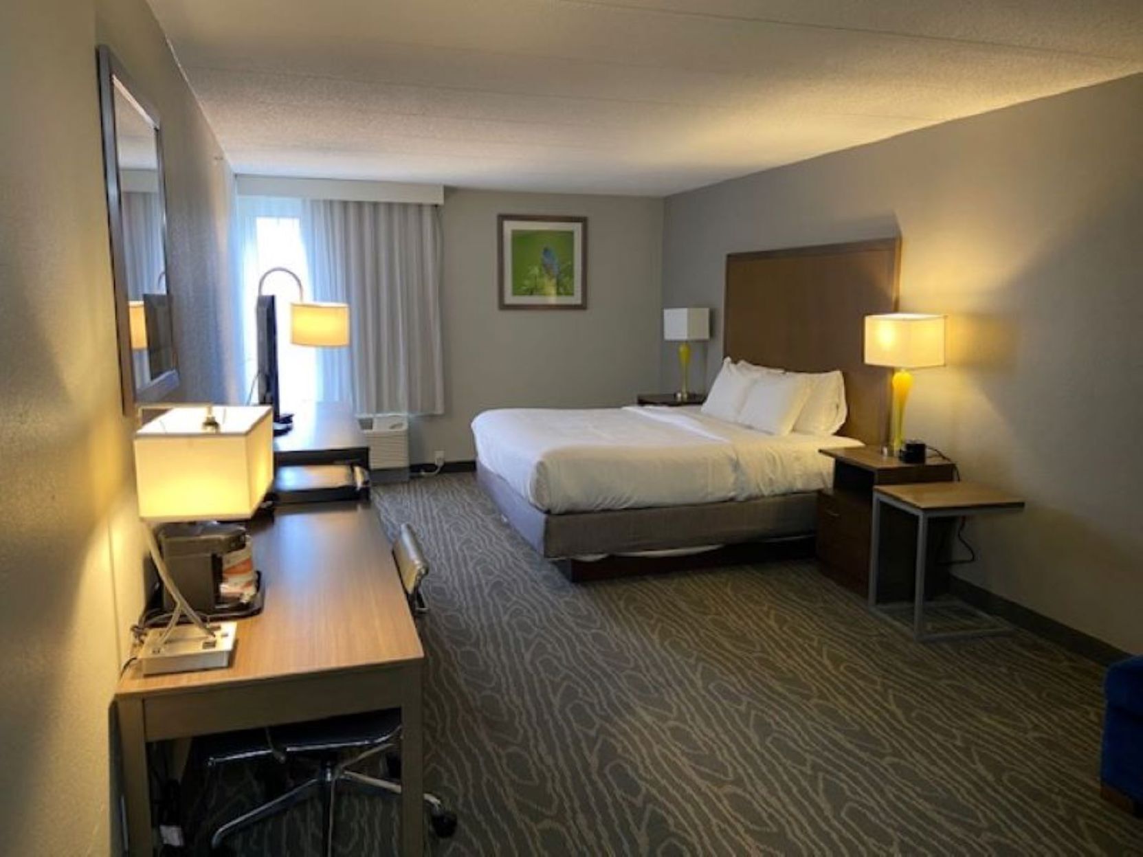 Premium bedding, desk, blackout drapes, soundproofing