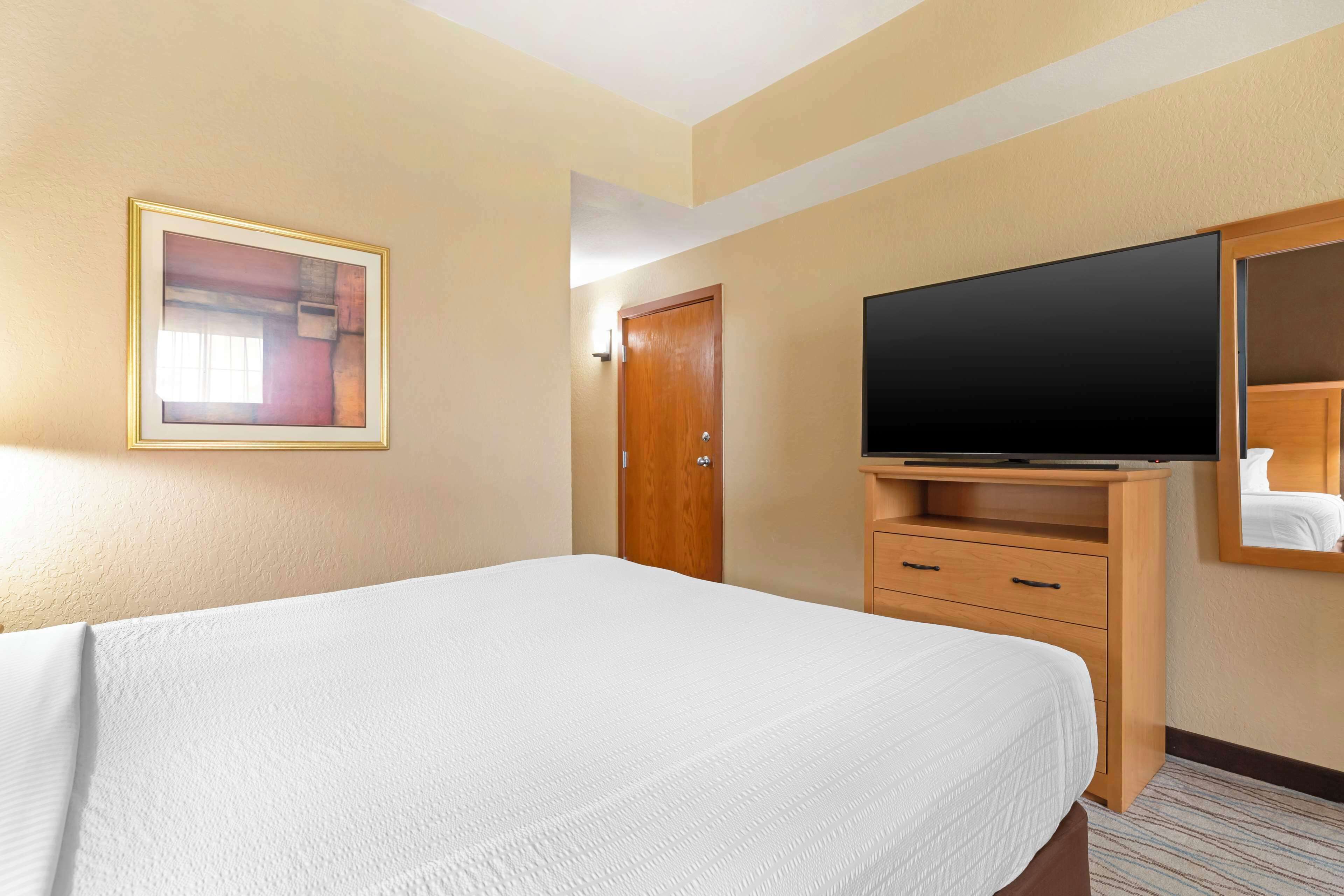 A hotel room with a large bed, a television on a wooden stand, a door, and a framed picture on the wall.