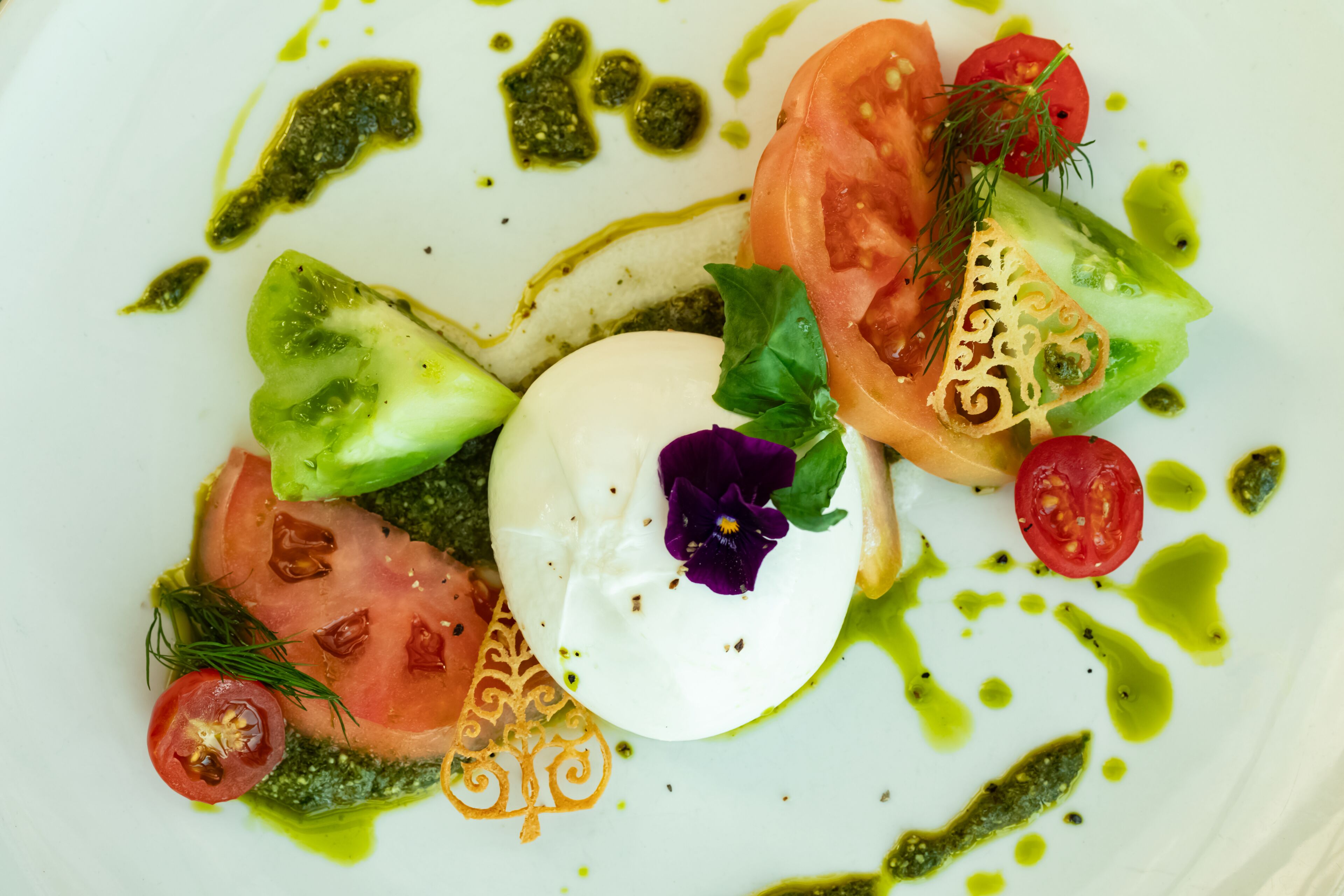 Une assiette contenant divers aliments, notamment des tomates, une cuillerée de crème et un élément décoratif.