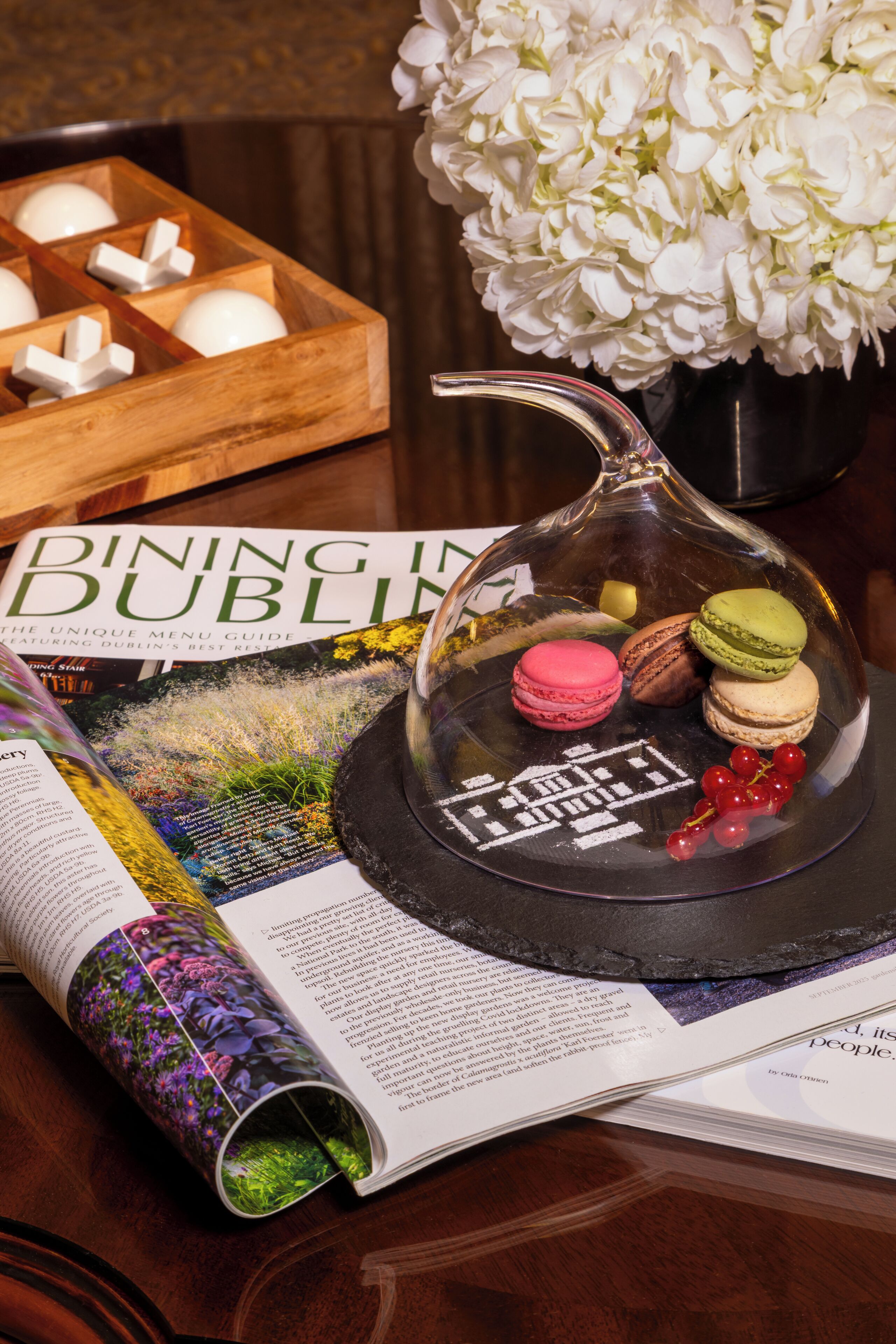 A dining menu, a glass dome with macarons, and a wooden box with white spheres on a table.