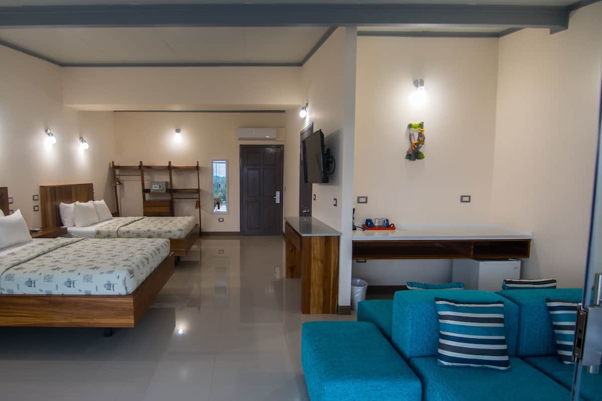 Une chambre d’hôtel avec deux lits, un canapé, un bureau et une télévision.