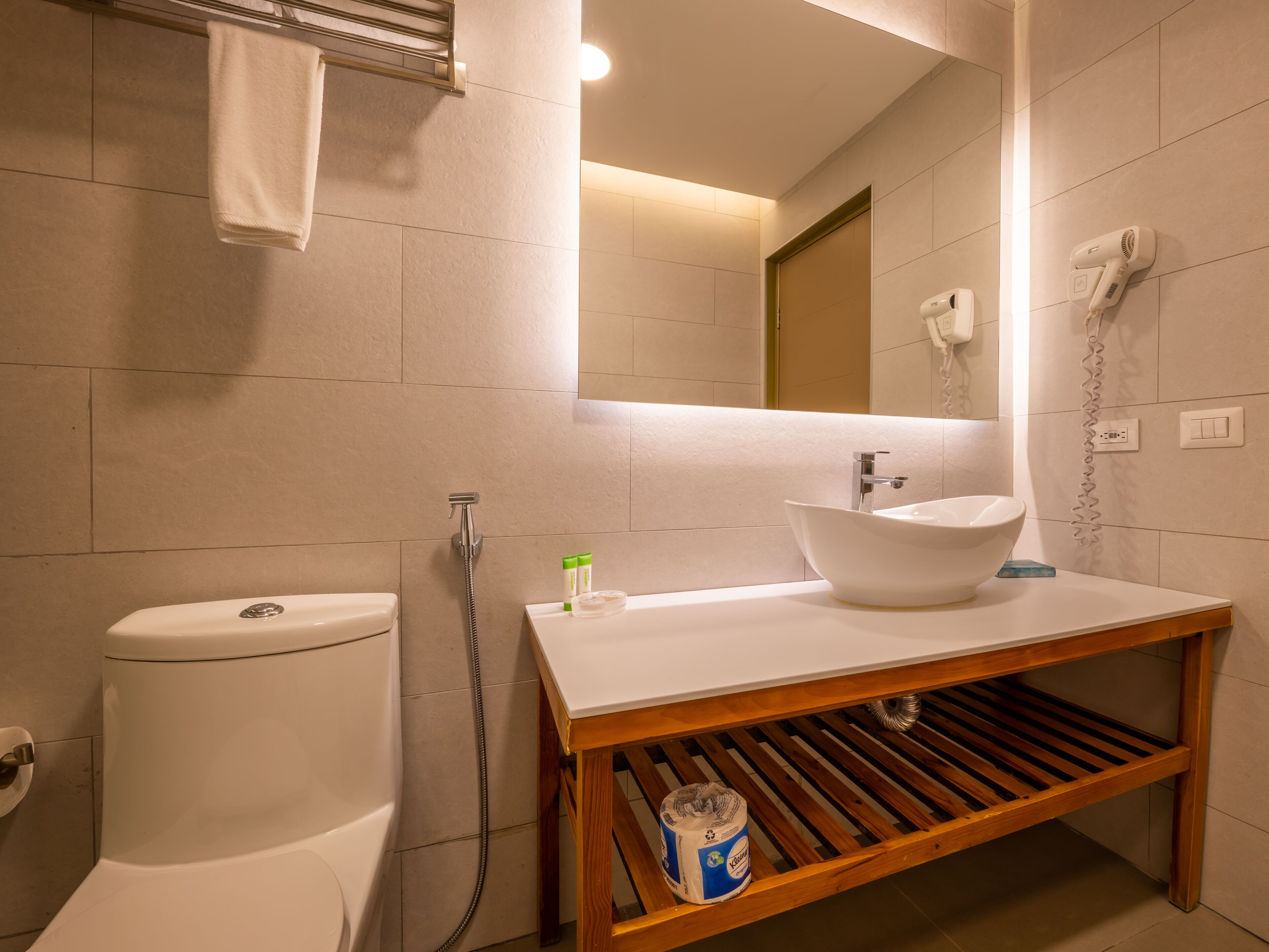 A bathroom with a toilet, a sink with a wooden shelf, a towel rack, a handheld showerhead, and a mirror.