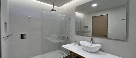 A modern bathroom with a glass shower enclosure, a white sink, and a large mirror.