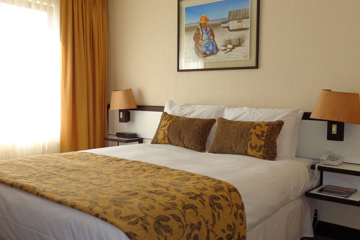Habitación de hotel con una cama grande, dos lámparas de noche, una mesita de noche, un cuadro en la pared y una ventana con cortinas.