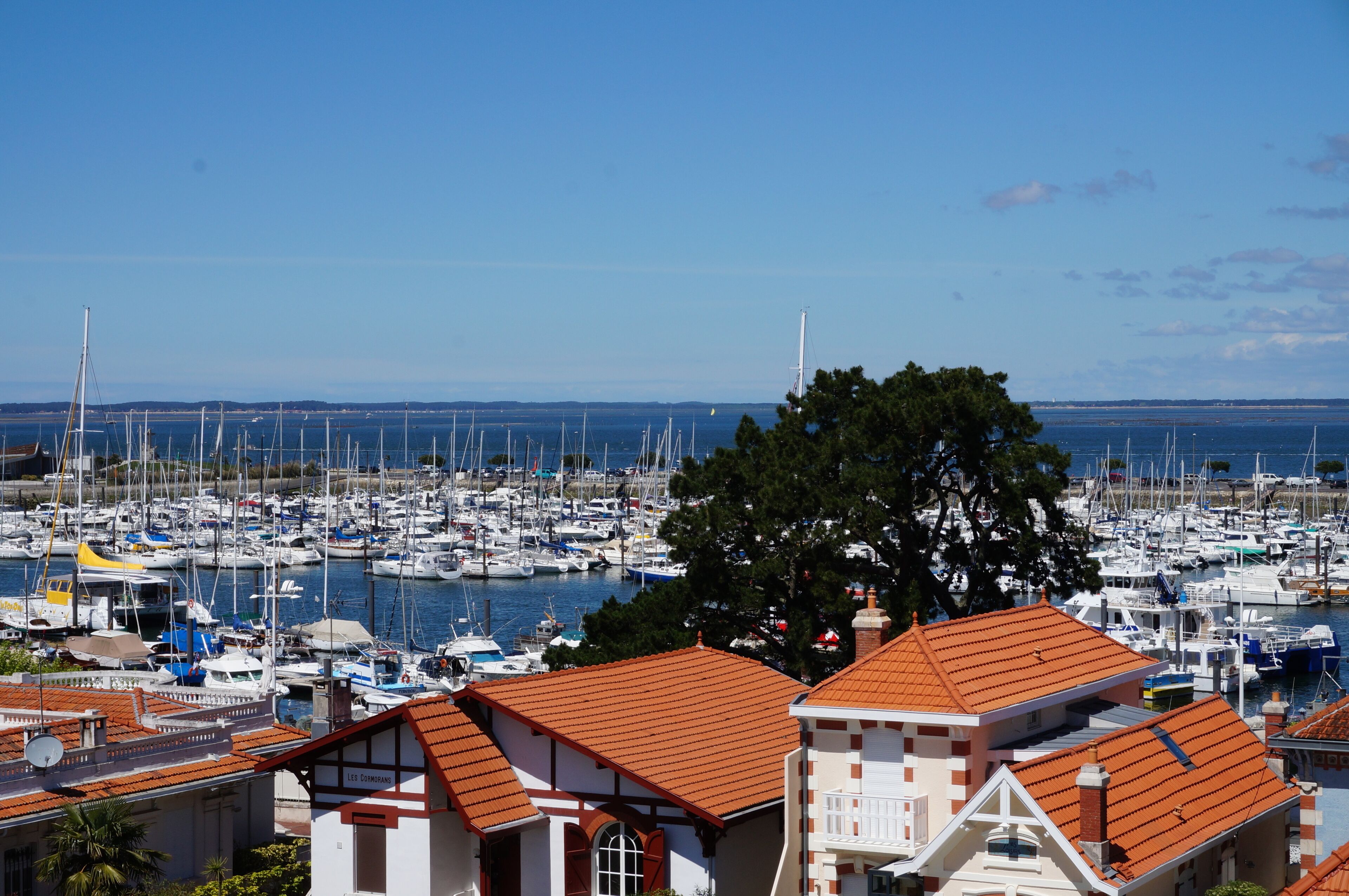 A marina with numerous boats docked, surrounded by buildings with red-tiled roofs.