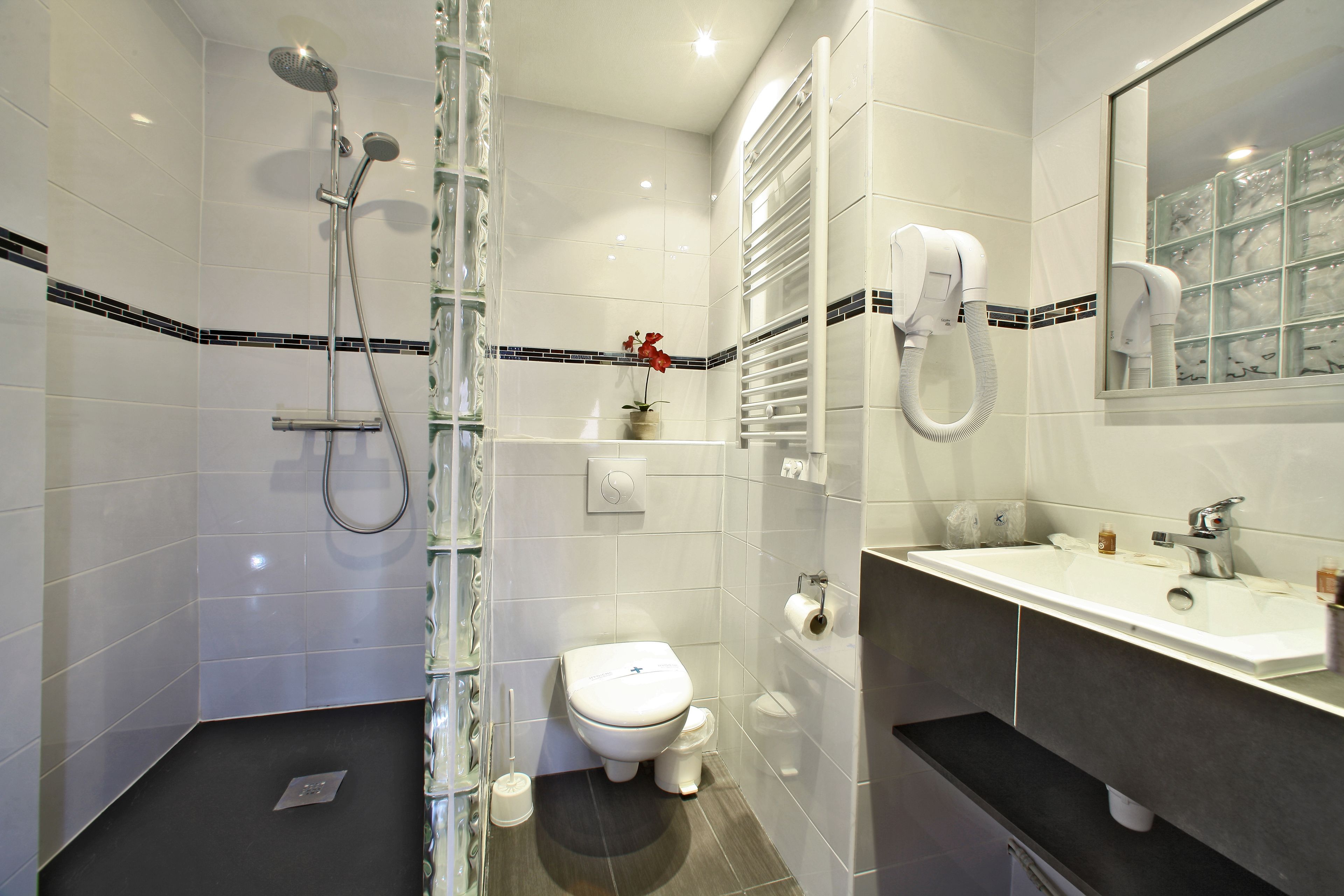 A modern bathroom with a glass shower enclosure, a toilet, a sink with a mirror, and a towel rack.