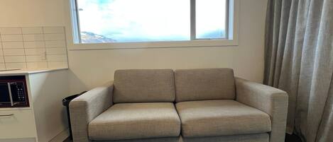 A room with a sofa, a window, a microwave, and a curtain.