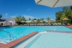 2 indoor pools, 2 outdoor pools, open 6:00 AM to 6:00 PM, pool umbrellas