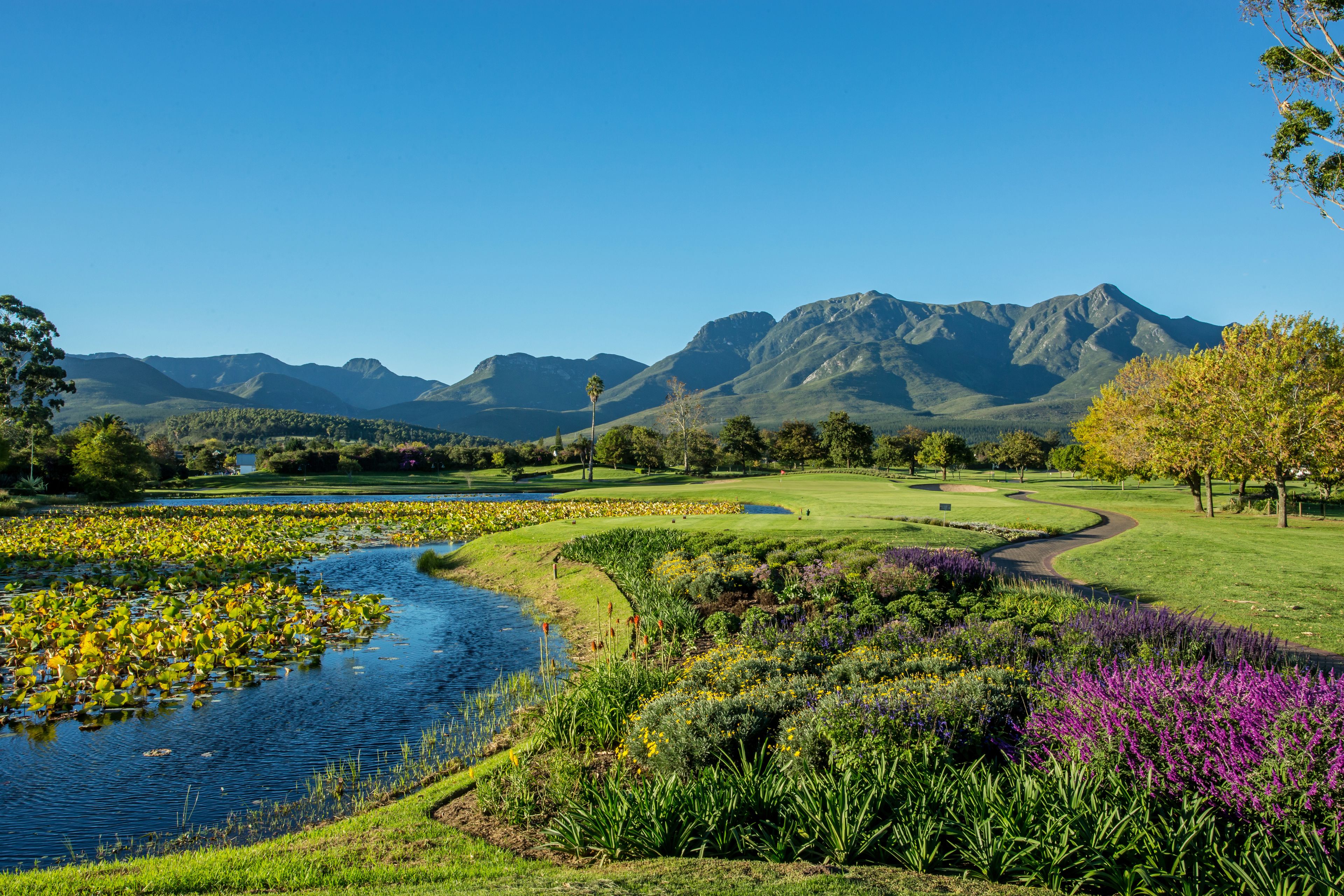 A golf course with a pond, lush greenery, and mountains in the background.
