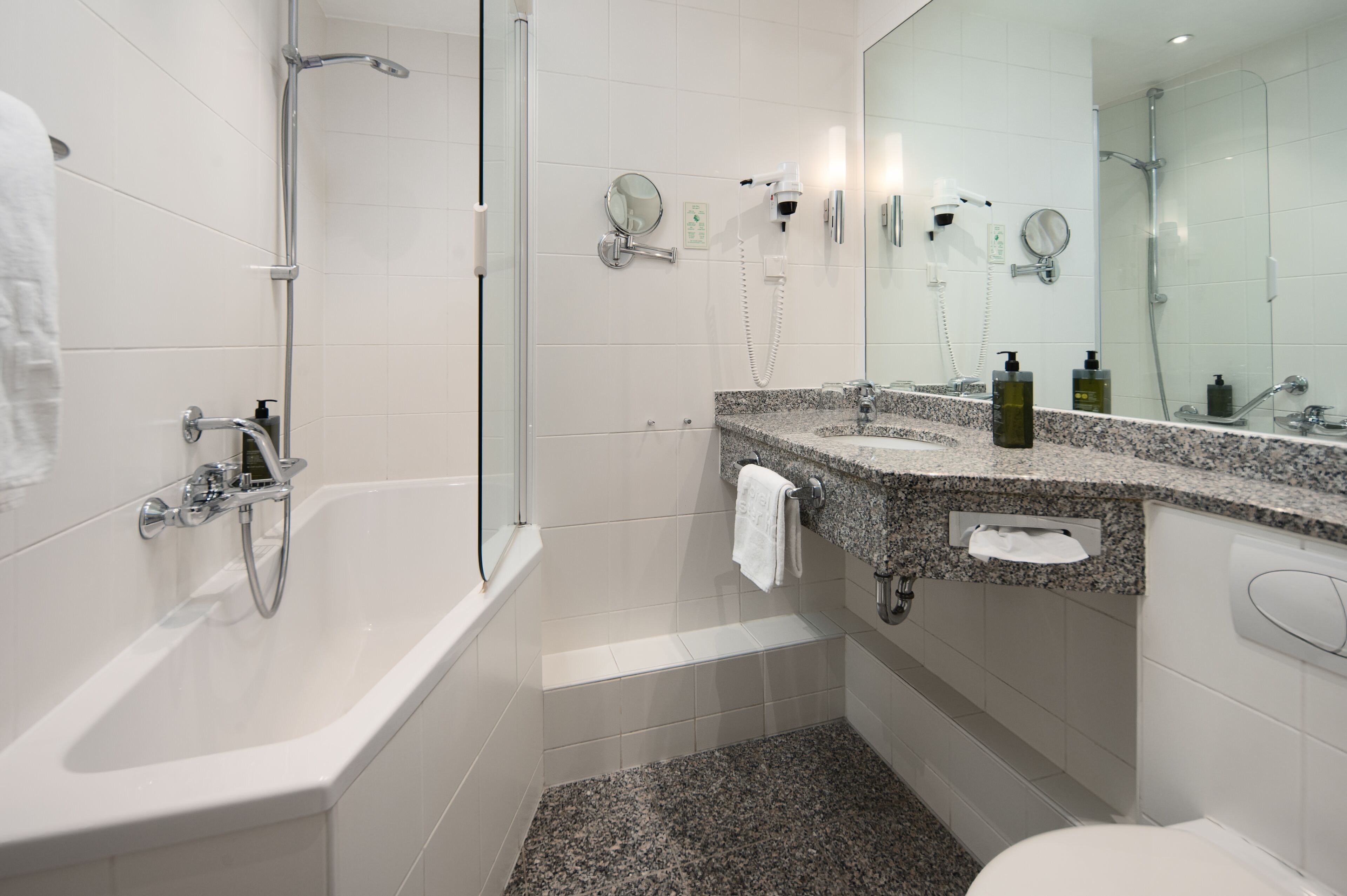 eco-friendly toiletries, hair dryer, bathrobes, slippers