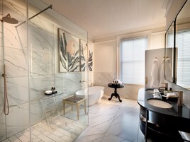 Separate bathtub and shower, free toiletries, hair dryer, bathrobes