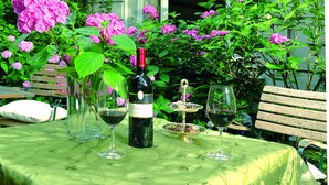 A table set outdoors with a bottle of wine, glasses, and a bowl. - Hotel Miramar (Hamburg)