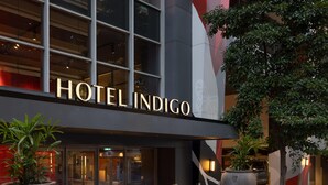 Exterior del Hotel Indigo, con amplios ventanales, fachada moderna y plantas en macetas.