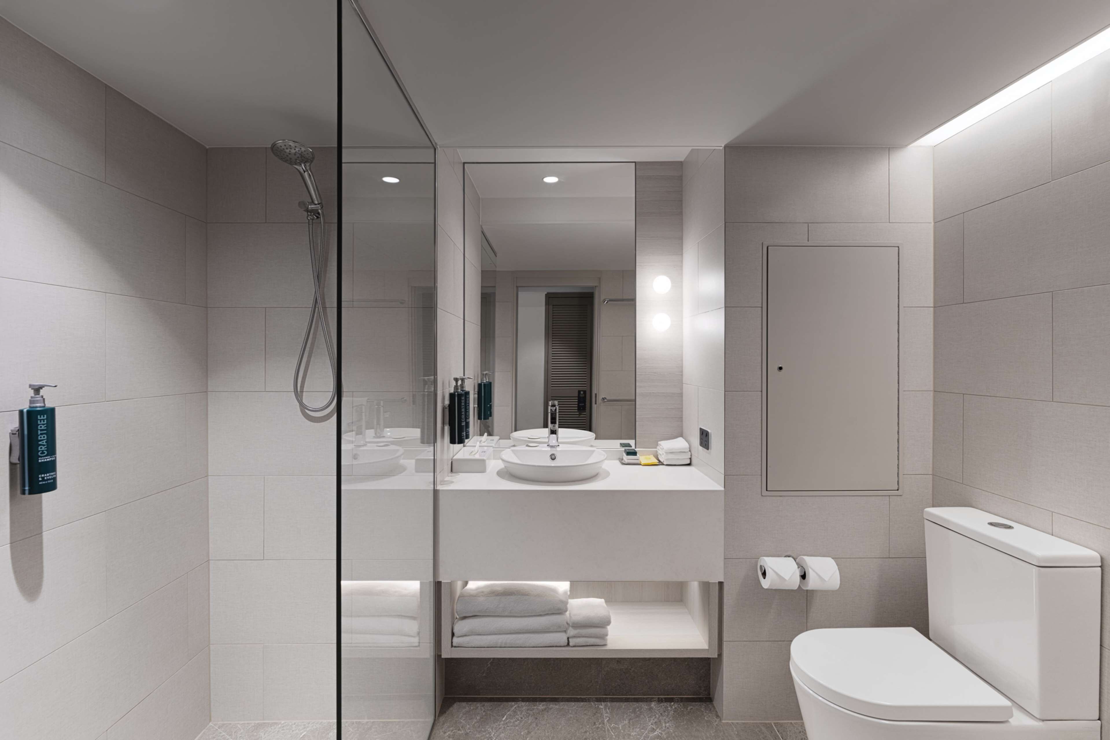 A modern bathroom with a glass shower enclosure, a white sink with a round basin, and a toilet.