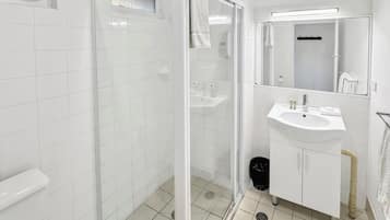 A modern bathroom with a glass-enclosed shower, a white sink, and a large mirror.