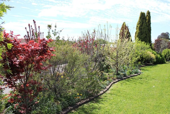 Stroll through the serene garden, surrounded by lush plants and trees, along a neatly trimmed lawn and winding pathway.
