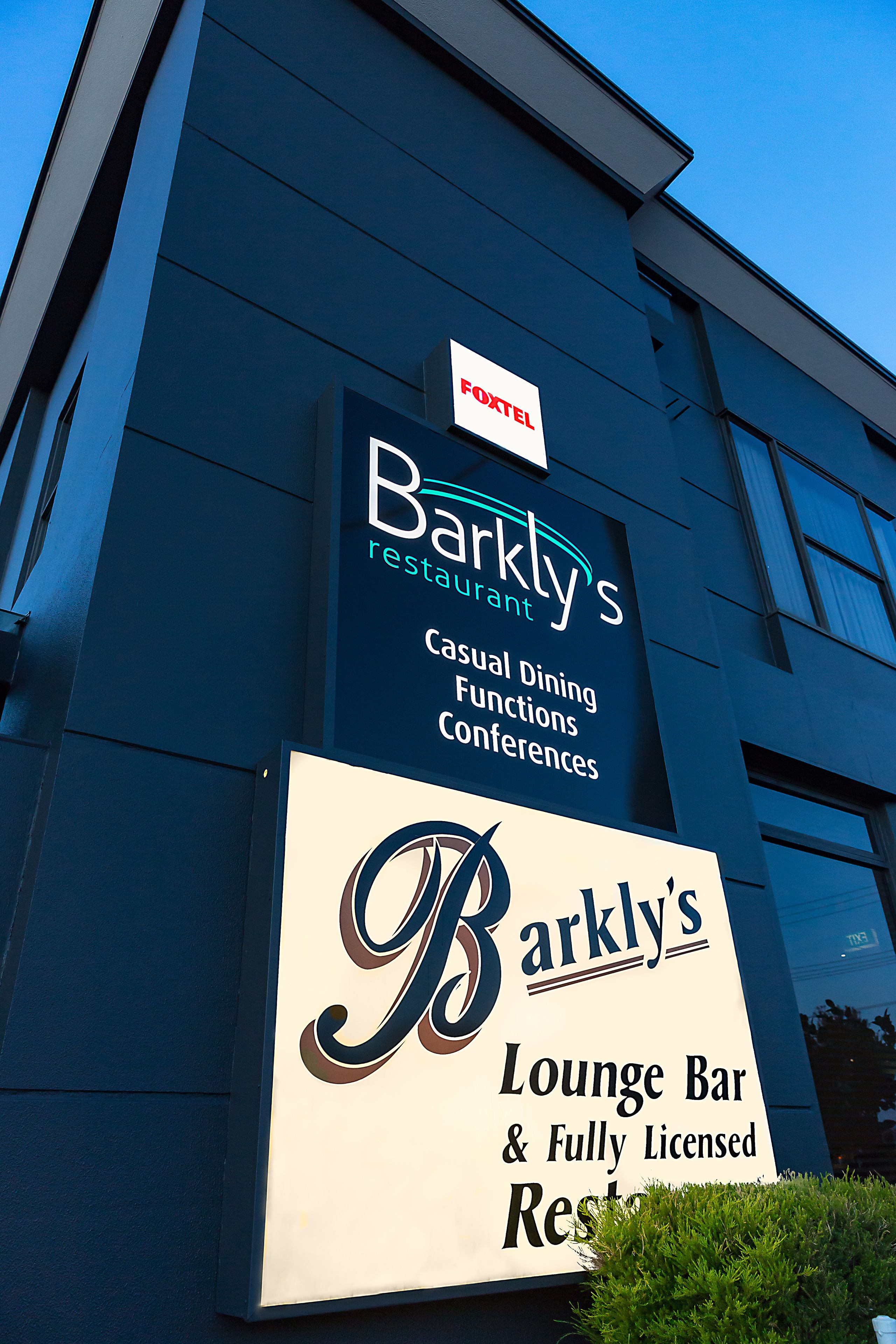 A building with a sign for Barkly's restaurant, indicating it offers casual dining, functions, and conferences.