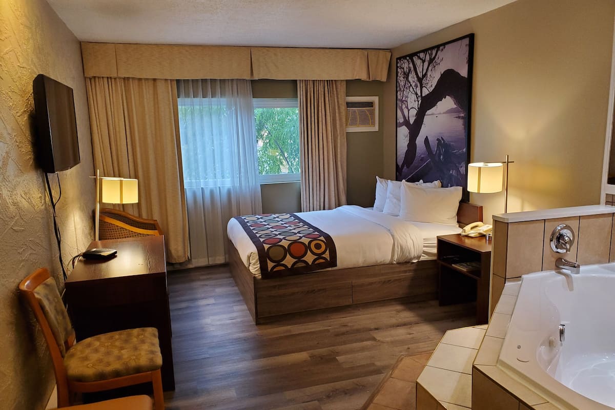 Habitación de hotel con cama, escritorio, silla, televisor, ventana con cortinas, un cuadro y una bañera.