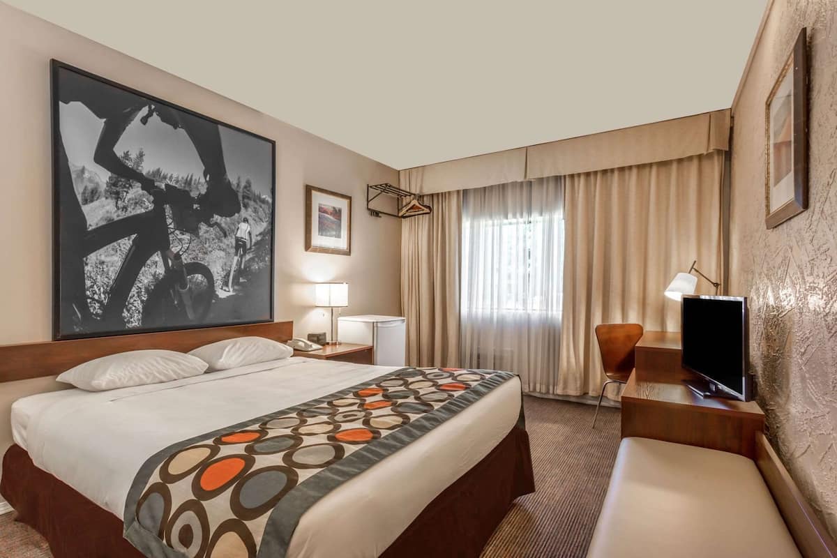 Una habitación de hotel con una cama grande, televisión, escritorio y ventana con cortinas.