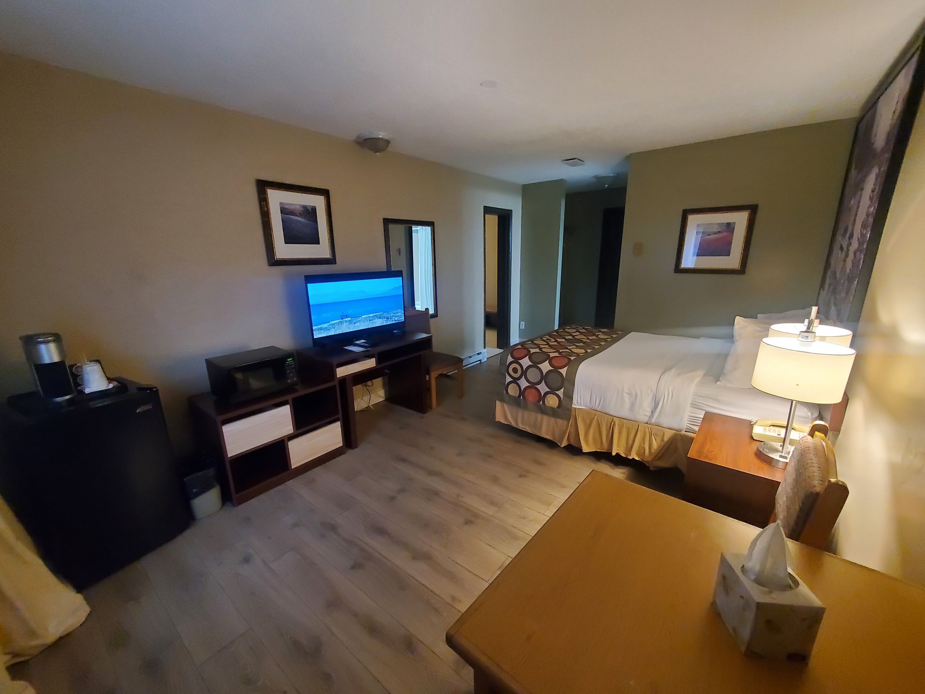 A hotel room with a bed, a desk, a television, a bedside table with a lamp, and a trash bin.