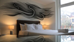 A hotel room with a large bed, two bedside lamps, a window with a view of buildings, and a decorative wall art piece. - Pembroke Inn (Toronto)