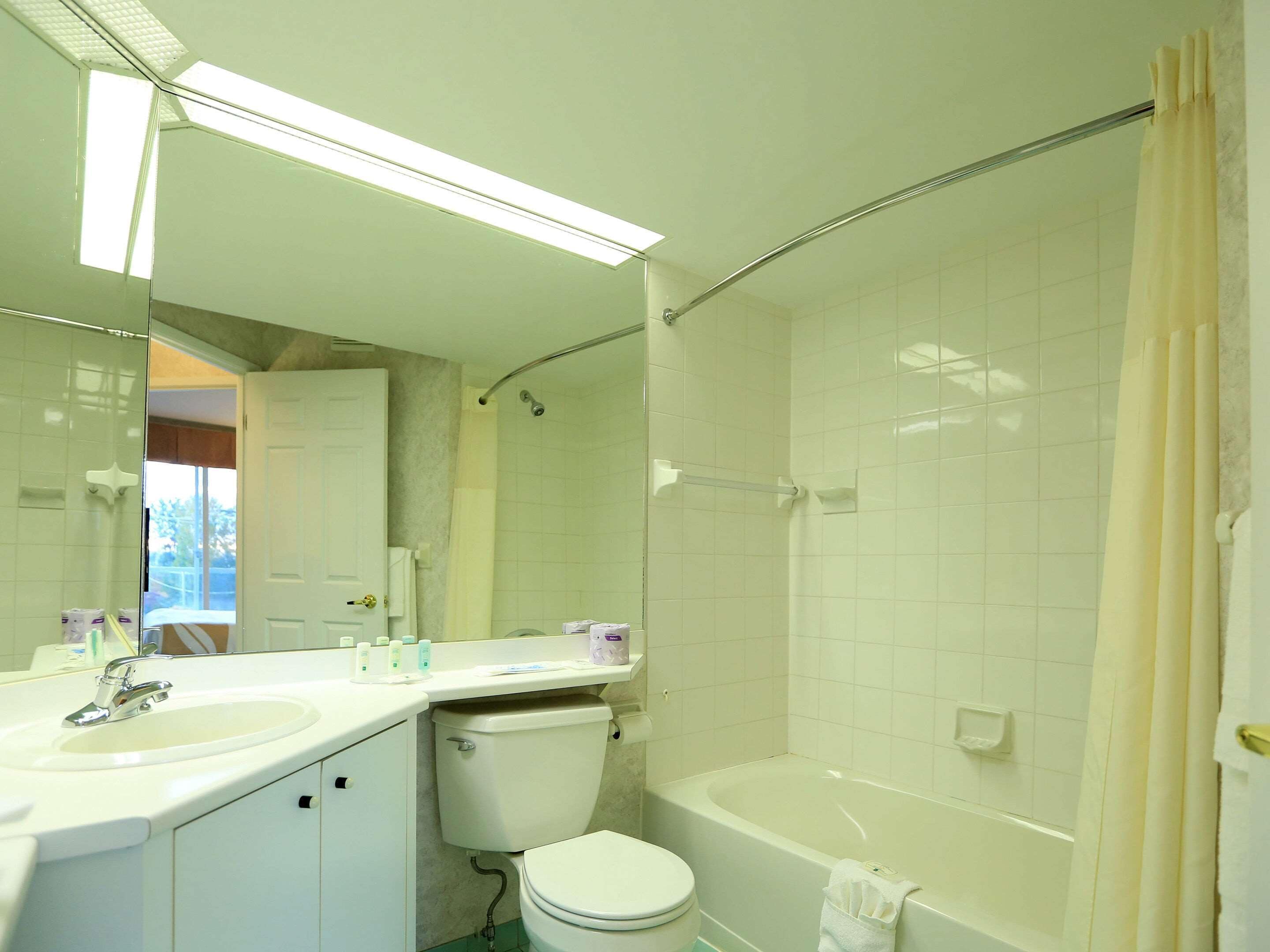 combined shower/bathtub, free toiletries, hair dryer, towels