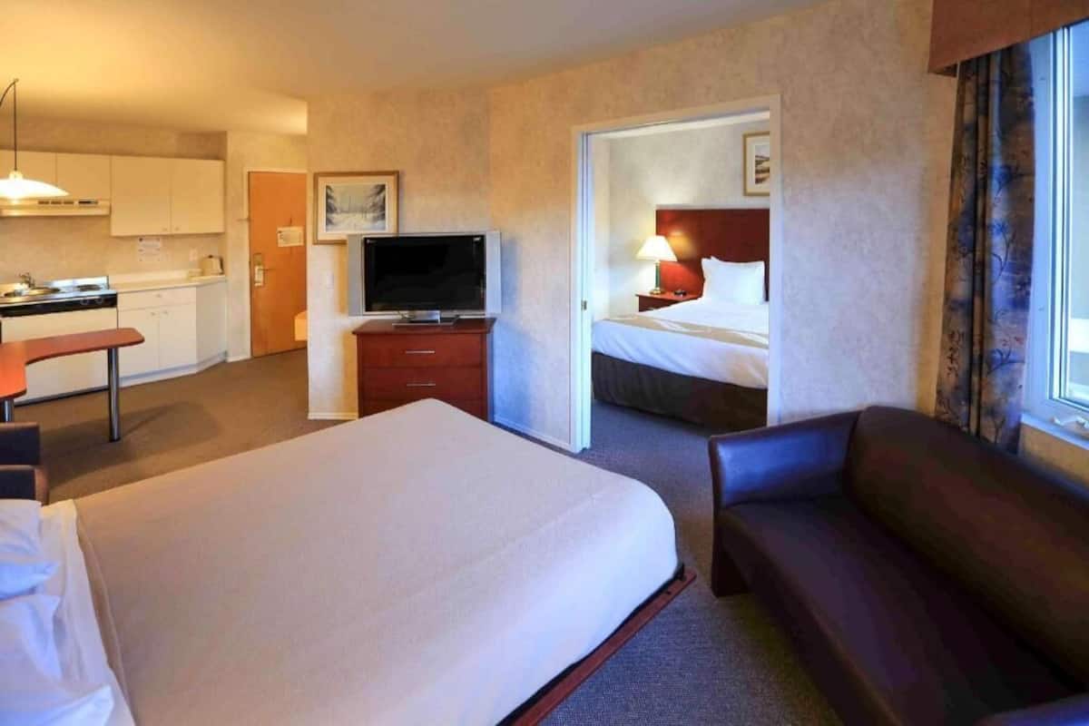 A hotel room with a bed, a sofa, a TV, a desk, and a kitchenette.