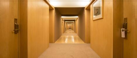 Un pasillo largo y estrecho con paredes y puertas de madera, que conduce a un cuadro enmarcado en la pared derecha.