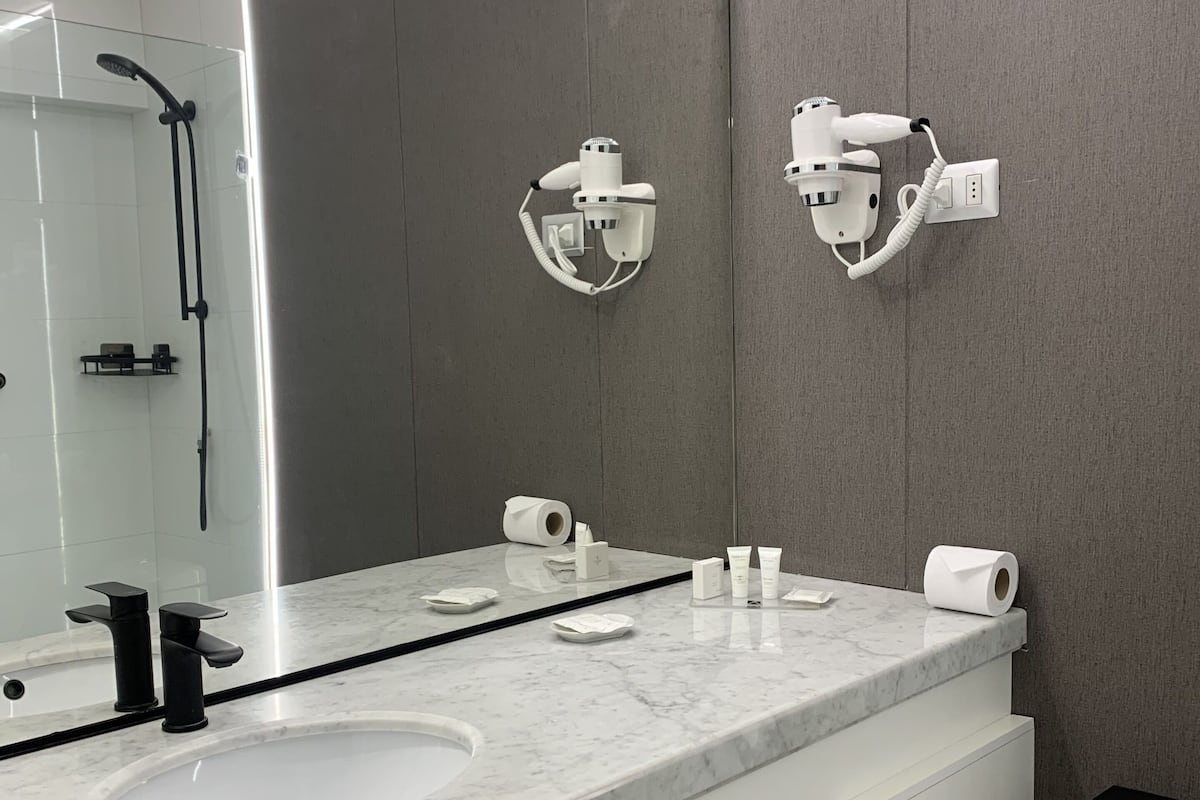 Shower, free toiletries, hair dryer, towels