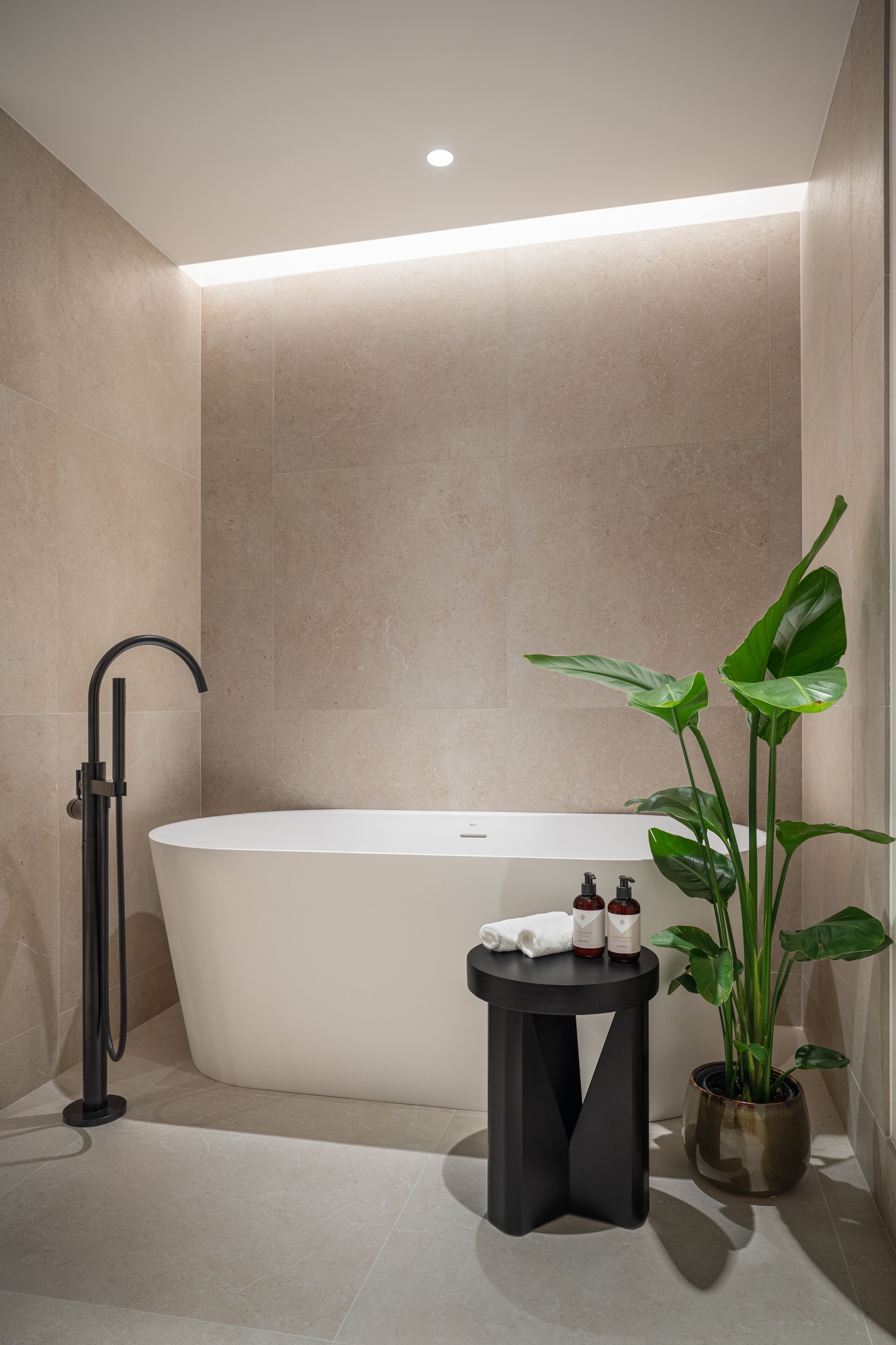 A modern bathroom with a freestanding bathtub, a black side table with toiletries, and a potted plant.