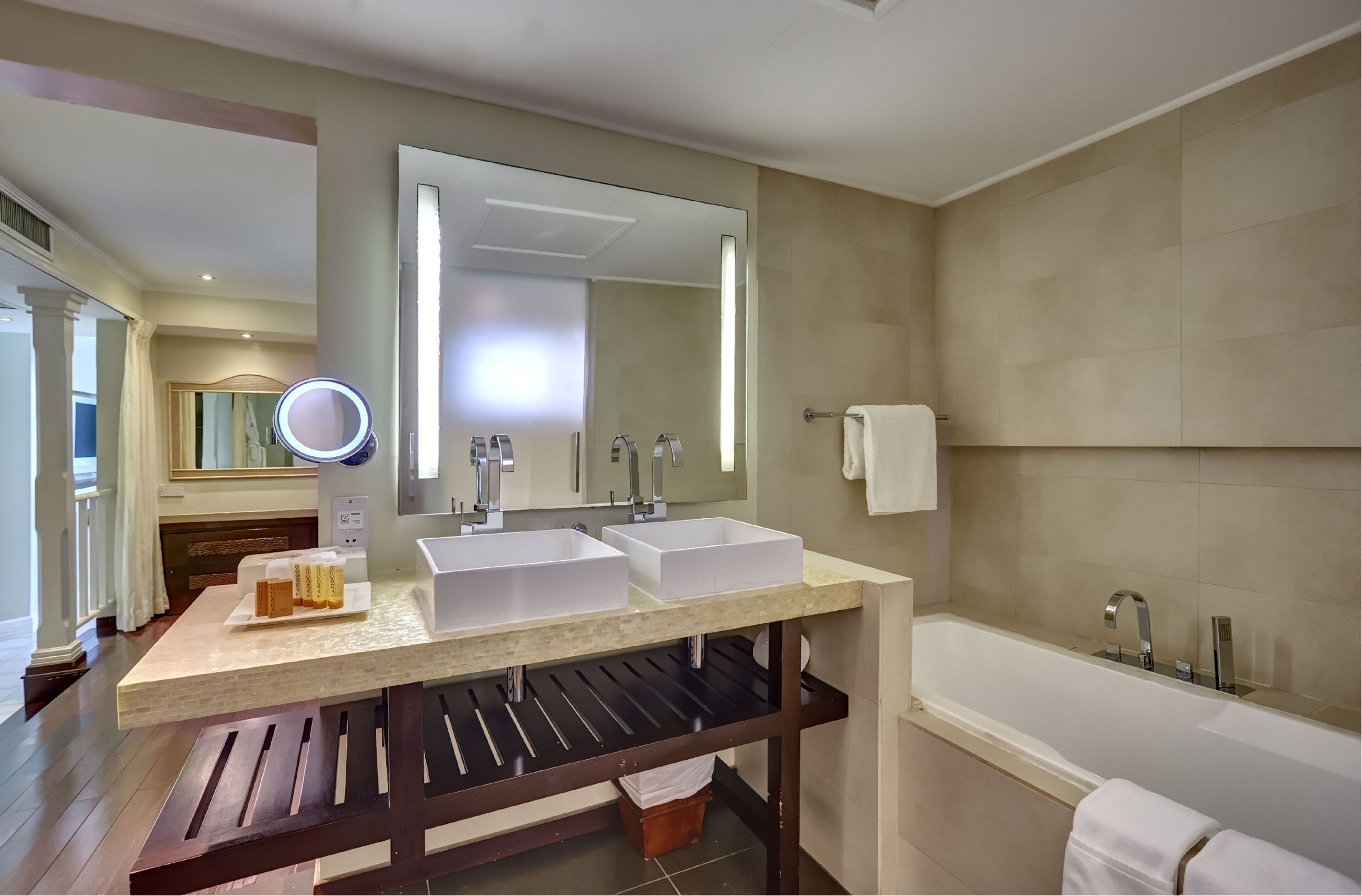 separate bathtub and shower, deep-soaking bathtub, rainfall showerhead