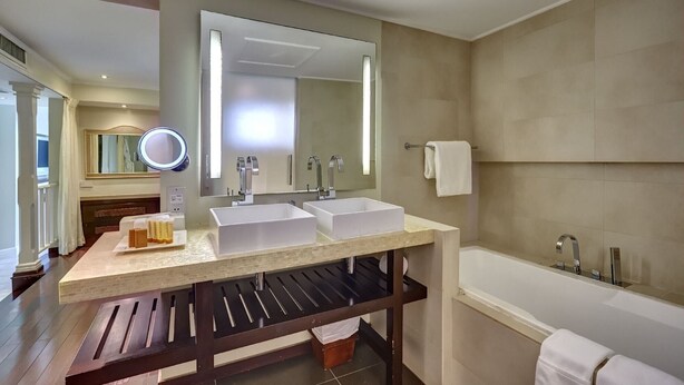 Une salle de bain moderne avec un meuble-lavabo à deux vasques, un grand miroir et une baignoire séparée.