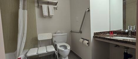 Un baño con inodoro accesible para sillas de ruedas, zona de ducha e lavabo con espejo.