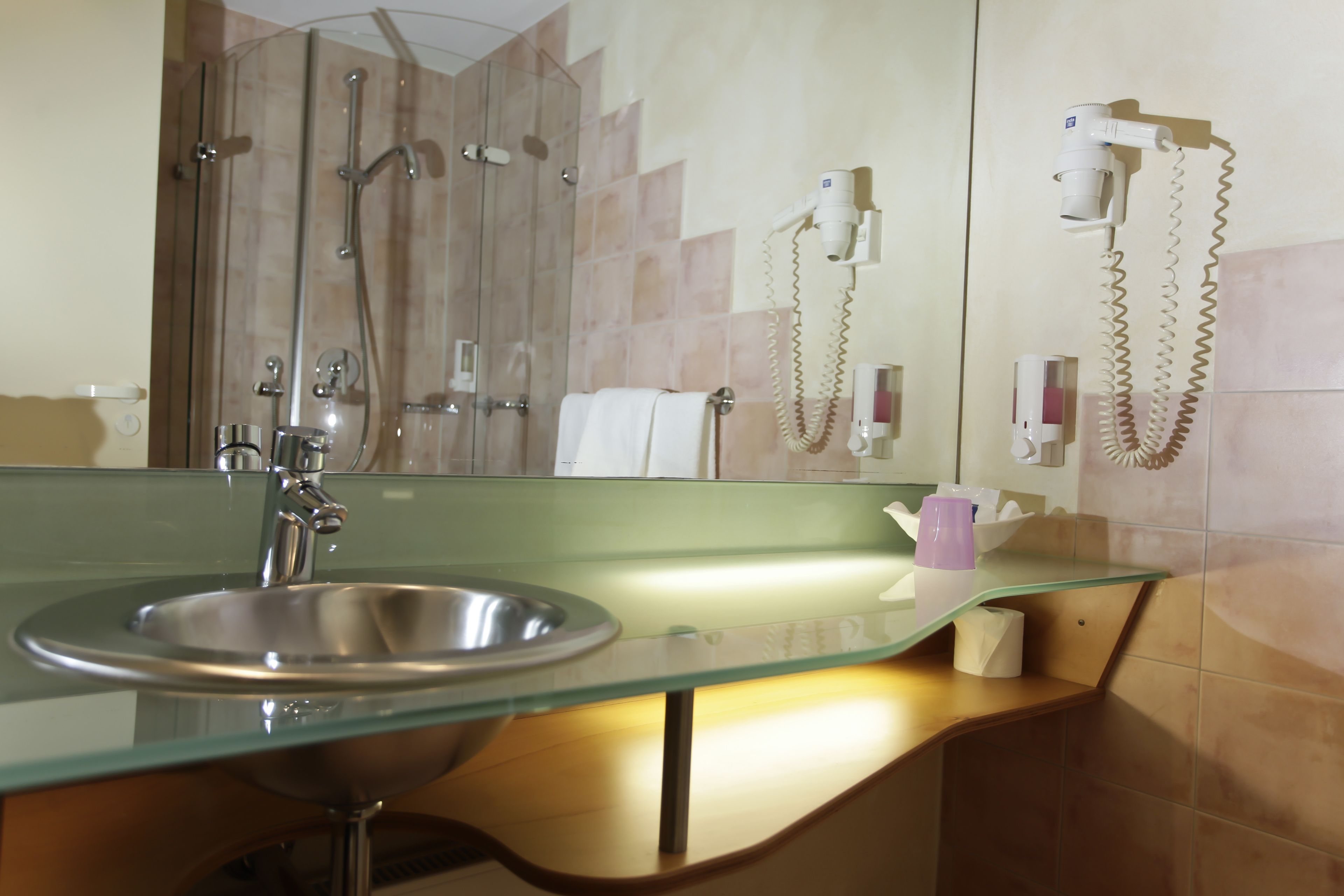 free toiletries, hair dryer, towels