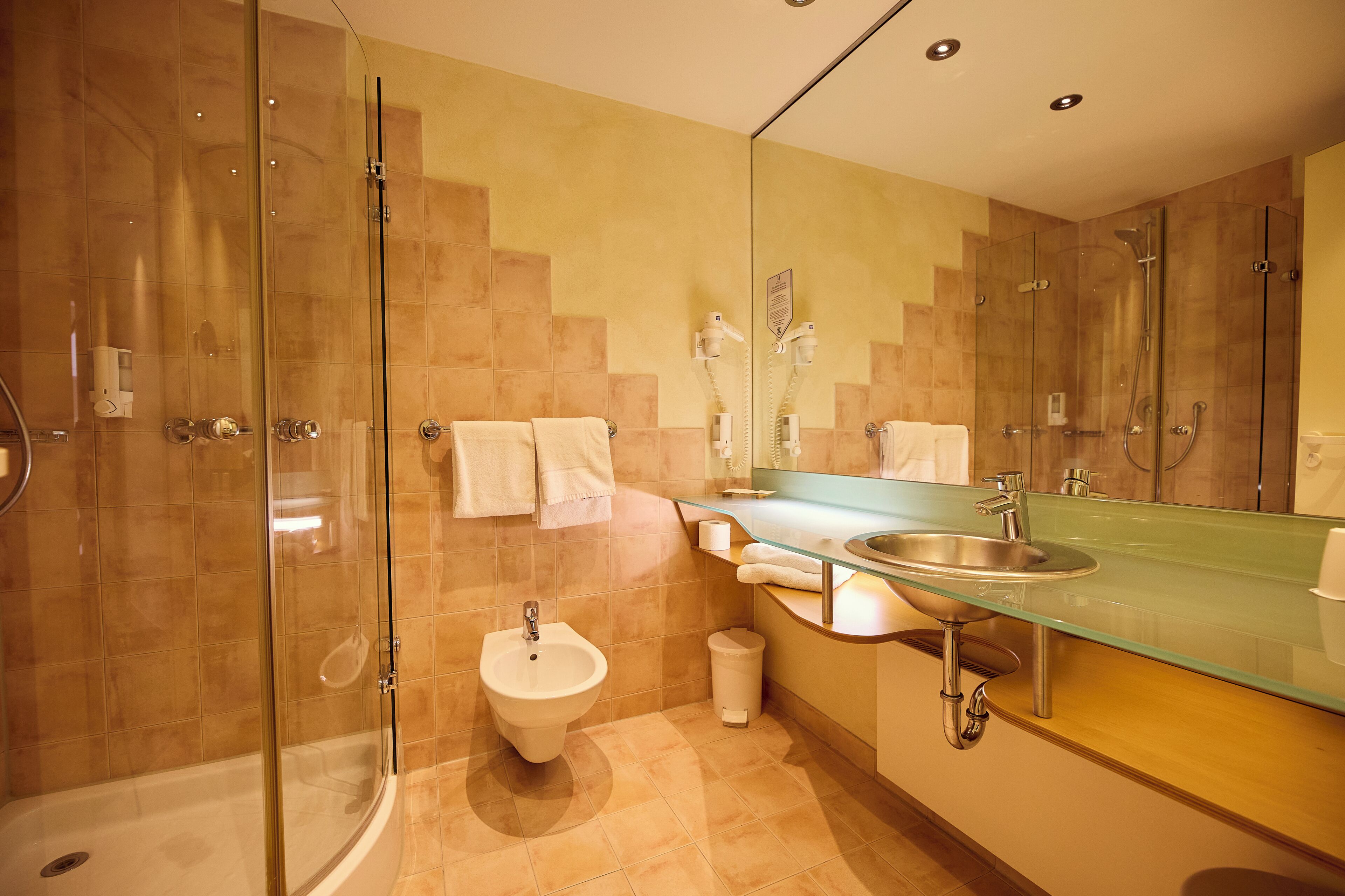 Un baño moderno con cabina de ducha de vidrio, lavabo sobrepedal y bidé, y un espejo grande.