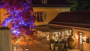 A courtyard with outdoor seating, a large vase, and a building with a tiled roof. - Hotel Watthalden (Ettlingen)