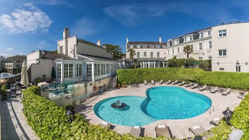 Seasonal outdoor pool, pool umbrellas, pool loungers