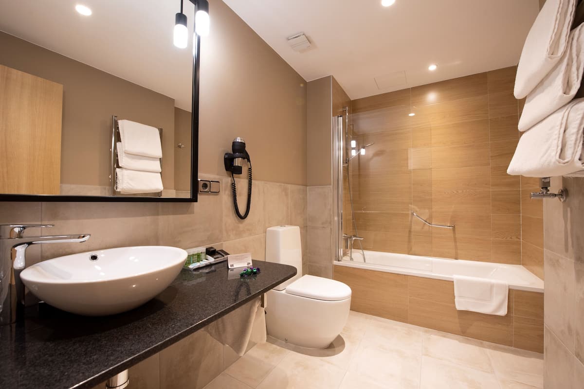 free toiletries, hair dryer, bidet, towels