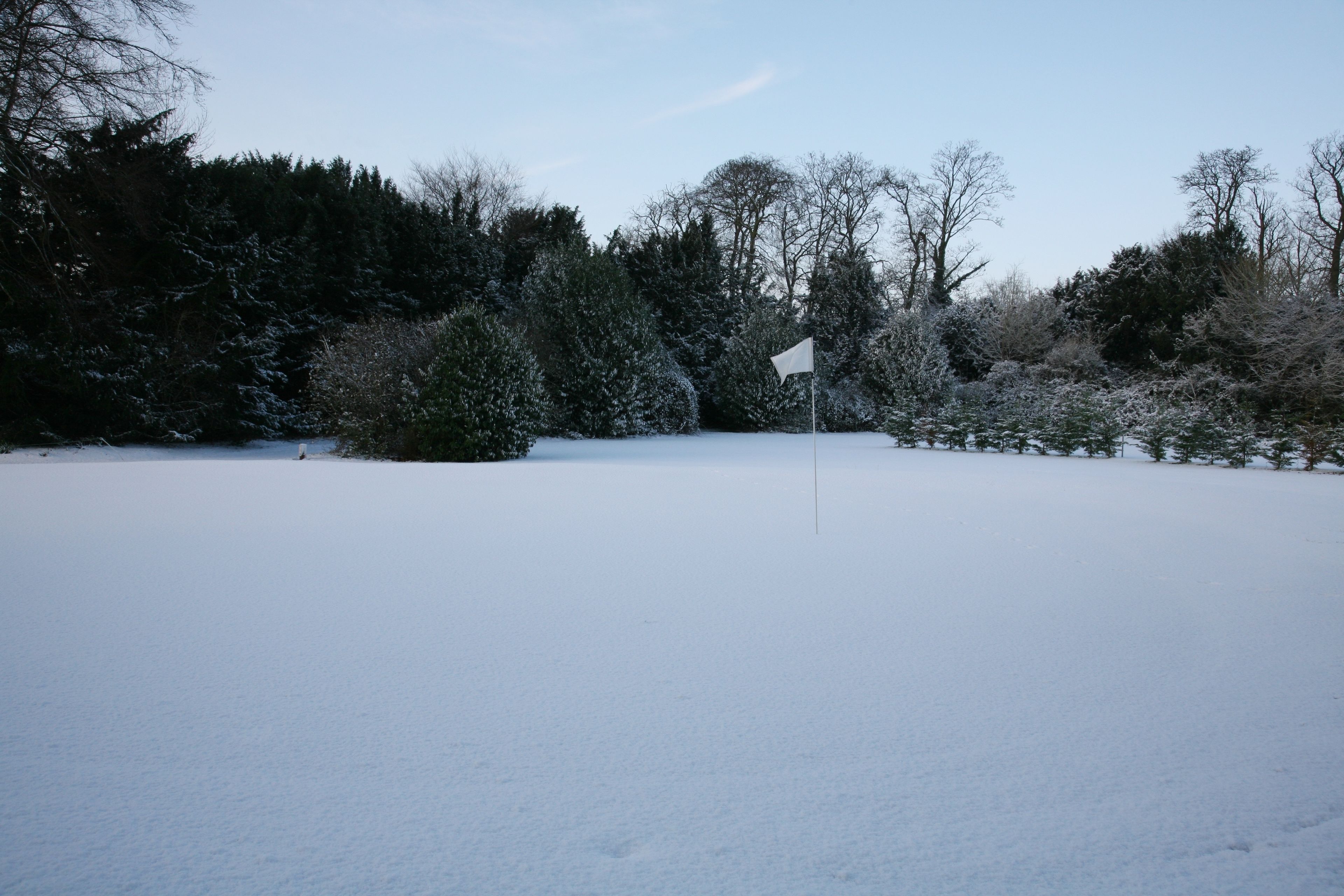A snow-covered golf course with a flagstick in the center, surrounded by dense trees.